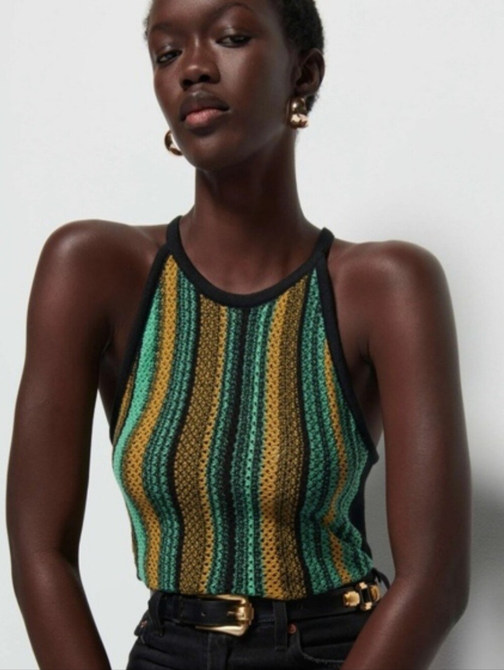 ​Nation LTD Mari Crochet Stripe Halter Top Size M Jungle Stripe Pima Cotton Boho - Picture 3 of 9